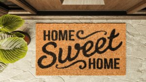 Home Sweet Home floor mat in front of temporary housing